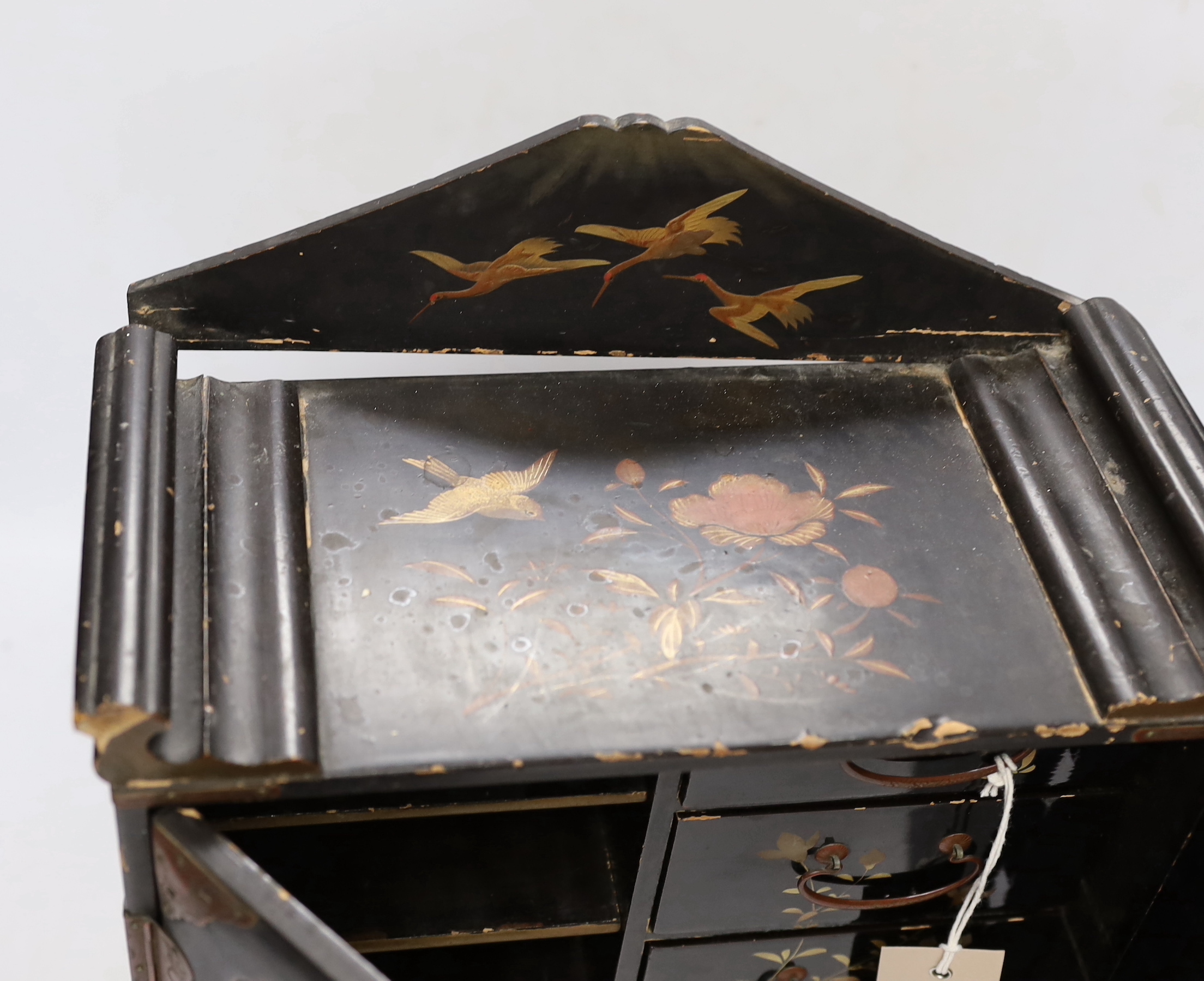 A Japanese casket with fitted interior, lacquered with birds and flowers, 42cm high